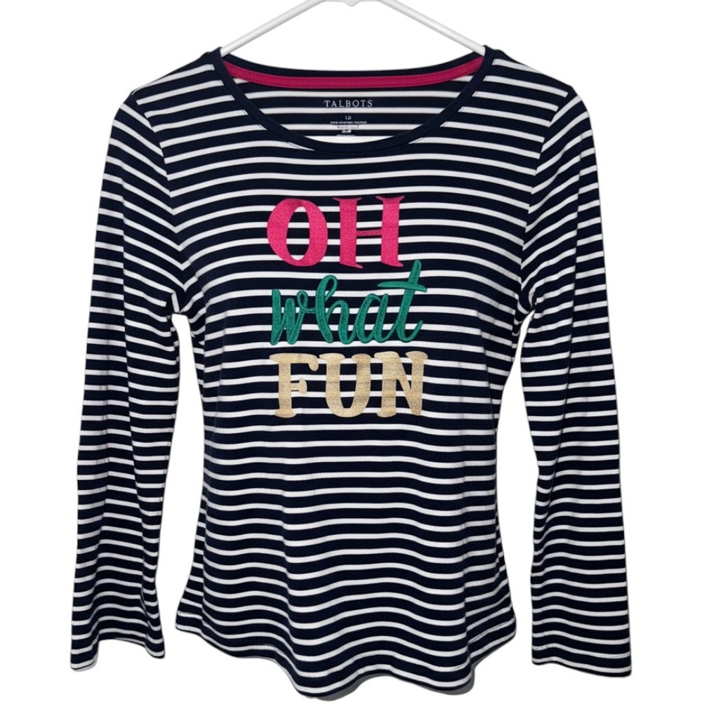 Talbots Petite Navy White Striped Oh What Fun Holiday Graphic Tee Large P